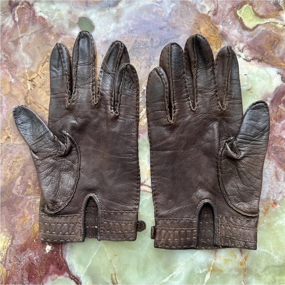 RARE VINTAGE 1970s GUCCI ITALY LADIES DARK BROWN LEATHER GLOVES GOLD LOGO EUC - Picture 4 of 8